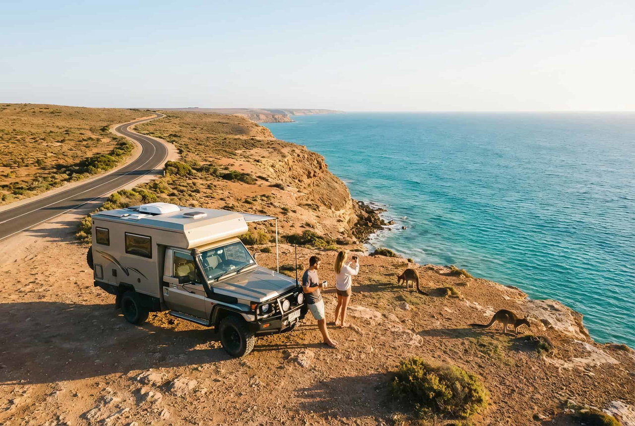 Ein modernes Wohnmobil steht auf einer Klippe, während zwei Personen die Aussicht aufs Meer genießen. Ideal für Campingurlaub.